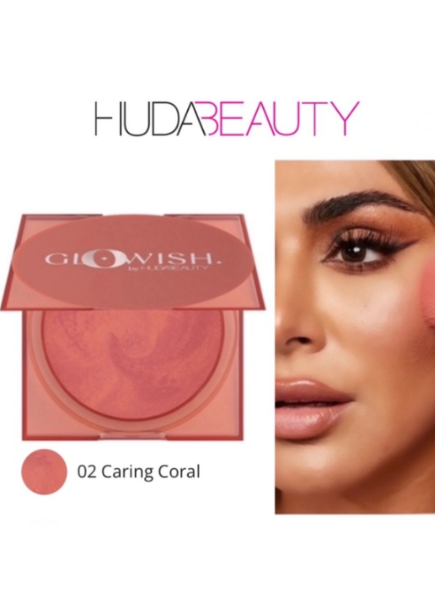 Rubor en Polvo Cheeky Vegan Glowish de HudaBeaudy Tono 02 Caring Coral