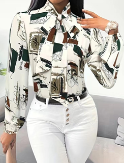 Blusa dama blanca manga larga, estampado verde