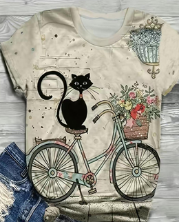 Playera blanca estampado gato/bicicleta